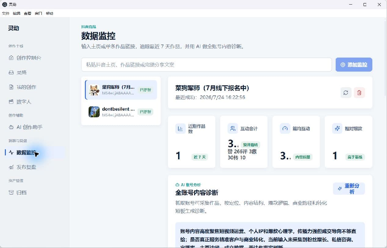 灵动数据监控页面,展示竞品指标和 AI 账号内容诊断